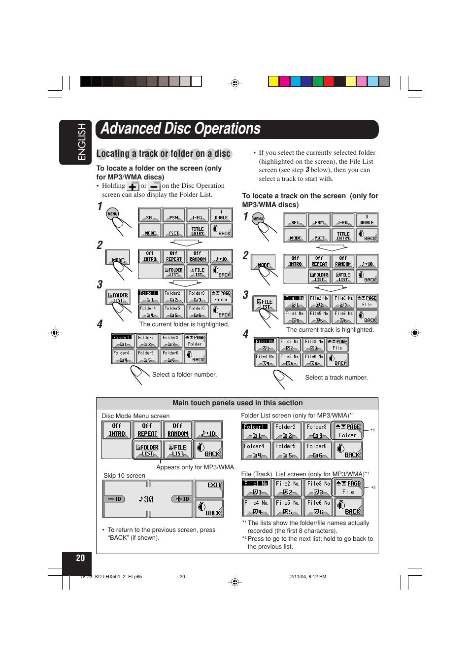Advanced disc operations, English, Locating a track or folder on a disc | JVC CD-RECEIVER KD-LHX501 User Manual | Page 20 / 65