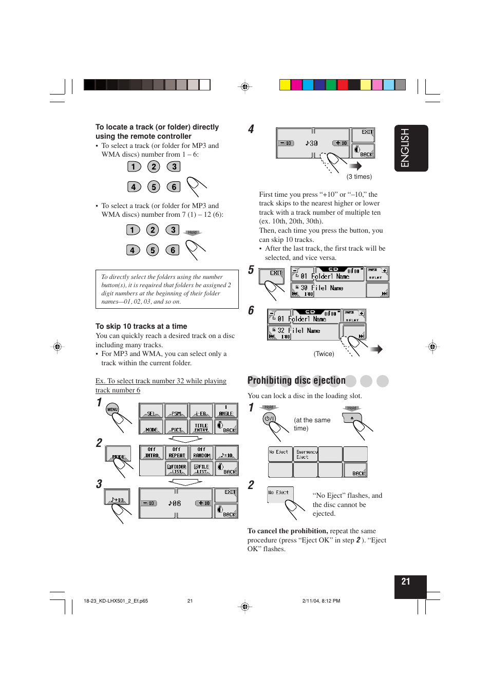 English, Prohibiting disc ejection | JVC CD-RECEIVER KD-LHX501 User Manual | Page 21 / 65