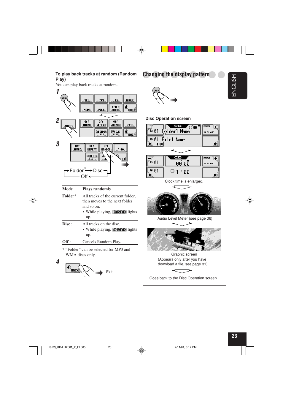 English, Changing the display pattern | JVC CD-RECEIVER KD-LHX501 User Manual | Page 23 / 65