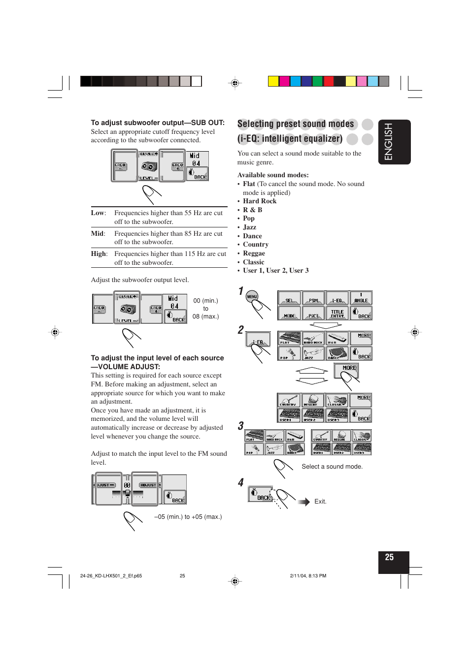 English, Selecting preset sound modes, I-eq: intelligent equalizer) | JVC CD-RECEIVER KD-LHX501 User Manual | Page 25 / 65
