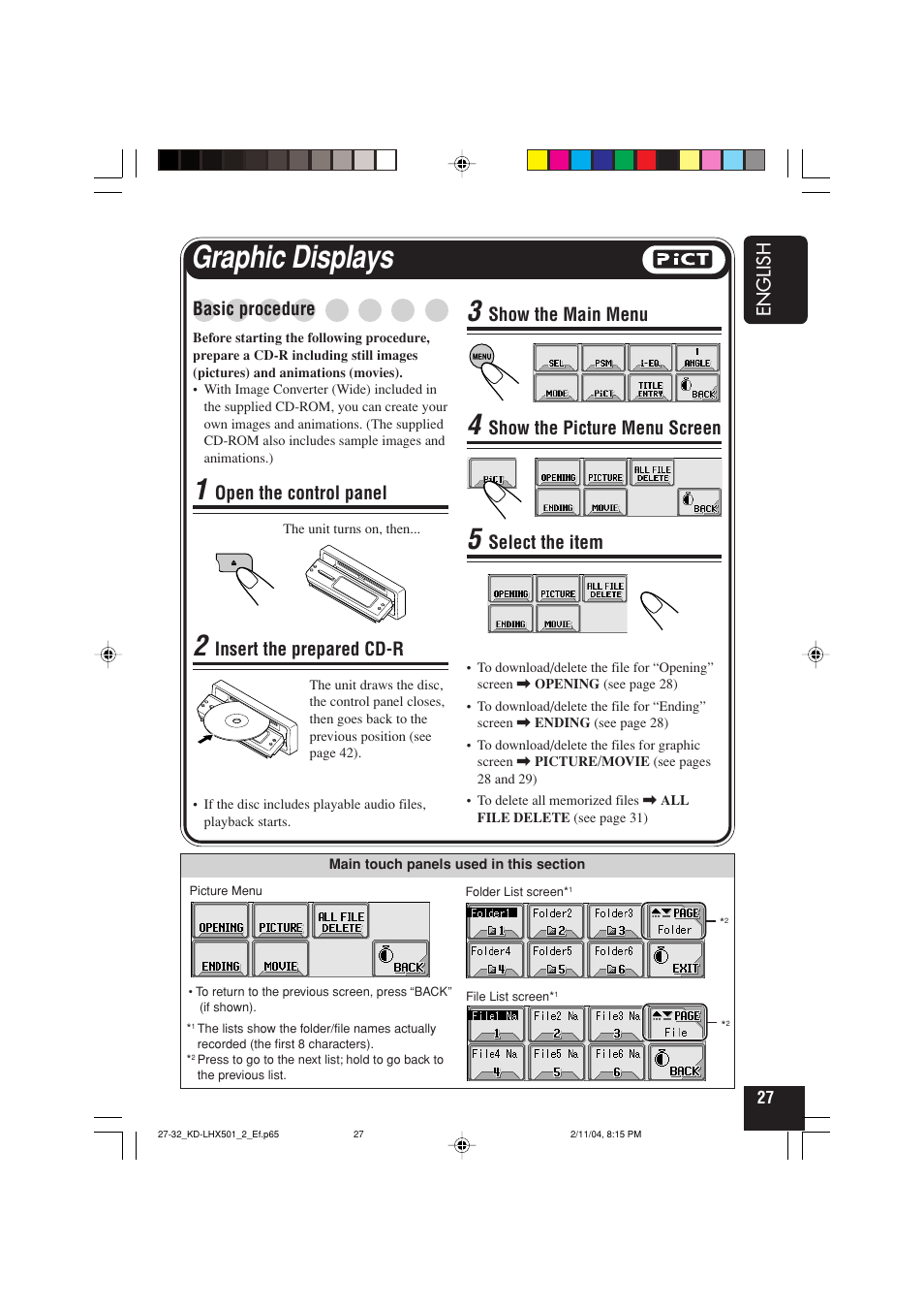 Graphic displays, English, Basic procedure | Open the control panel, Insert the prepared cd-r, Show the main menu, Show the picture menu screen, Select the item | JVC CD-RECEIVER KD-LHX501 User Manual | Page 27 / 65