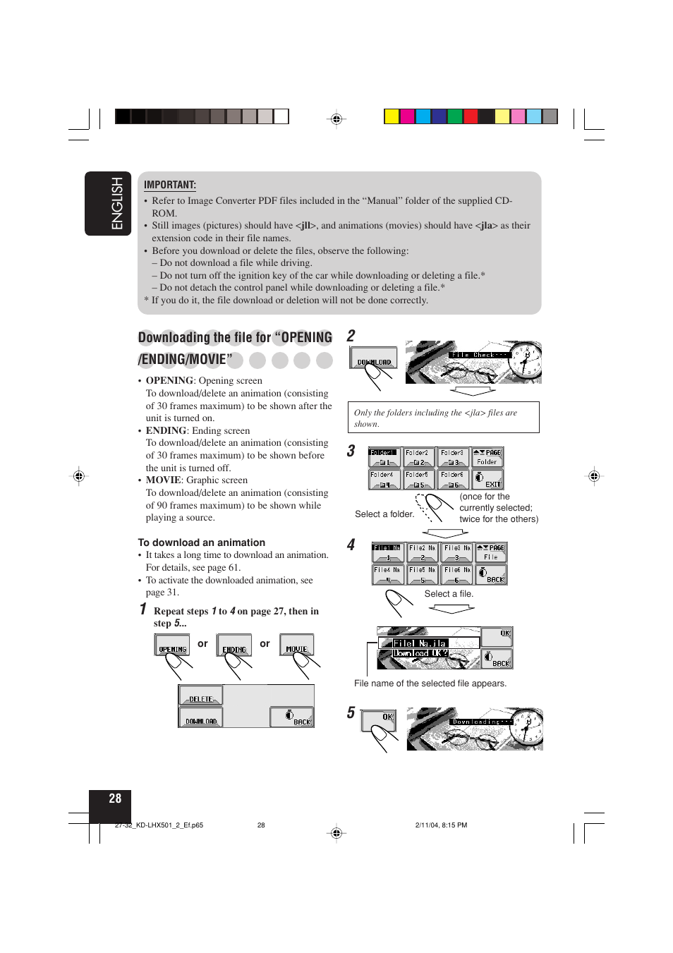 English, Downloading the file for “opening, Ending/movie | JVC CD-RECEIVER KD-LHX501 User Manual | Page 28 / 65