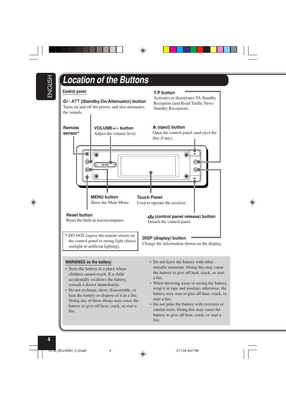 Location of the buttons, English | JVC CD-RECEIVER KD-LHX501 User Manual | Page 4 / 65
