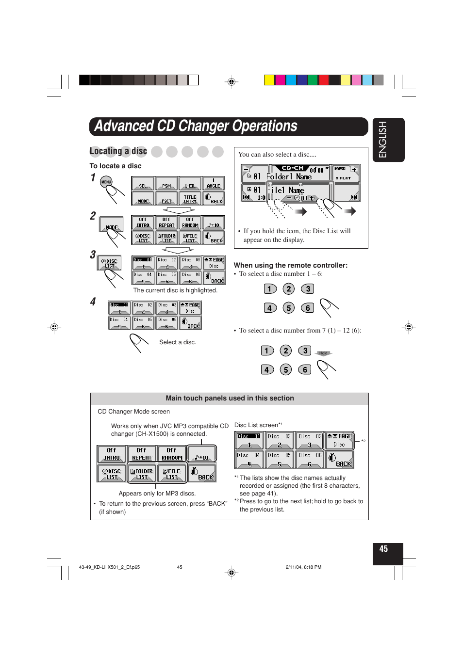 Advanced cd changer operations, English, Locating a disc | JVC CD-RECEIVER KD-LHX501 User Manual | Page 45 / 65