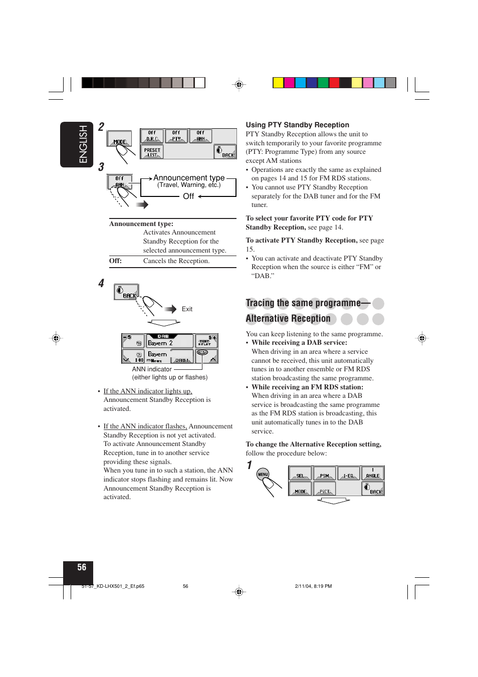 English, Tracing the same programme, Alternative reception | JVC CD-RECEIVER KD-LHX501 User Manual | Page 56 / 65