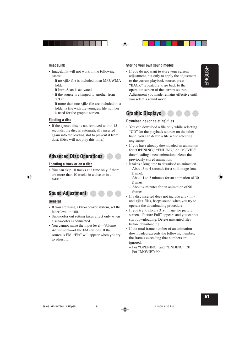 English, Advanced disc operations, Sound adjustment | Graphic displays | JVC CD-RECEIVER KD-LHX501 User Manual | Page 61 / 65