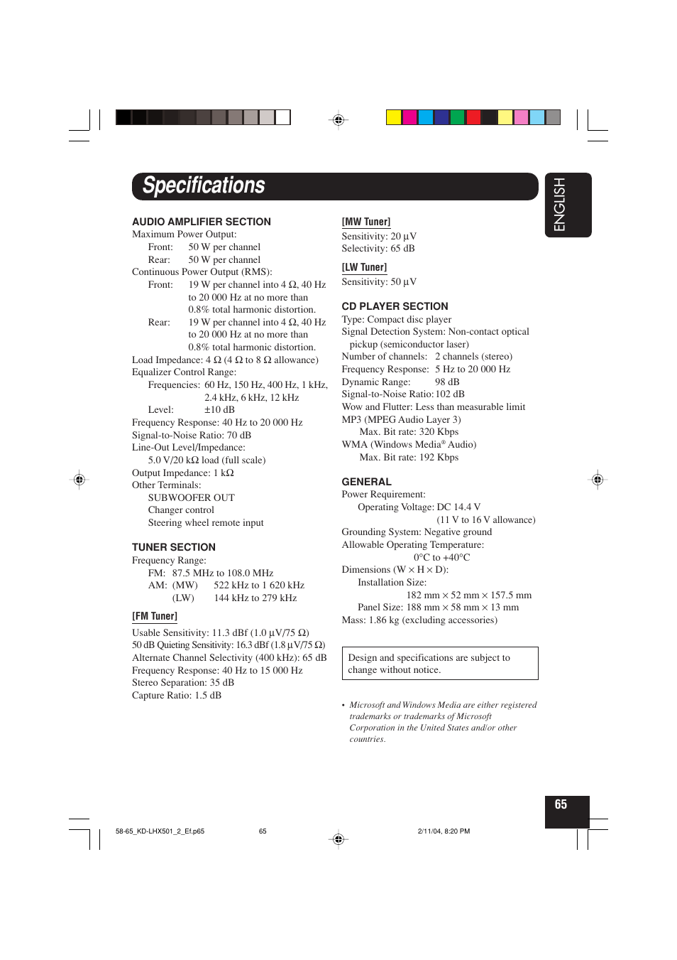 Specifications, English | JVC CD-RECEIVER KD-LHX501 User Manual | Page 65 / 65