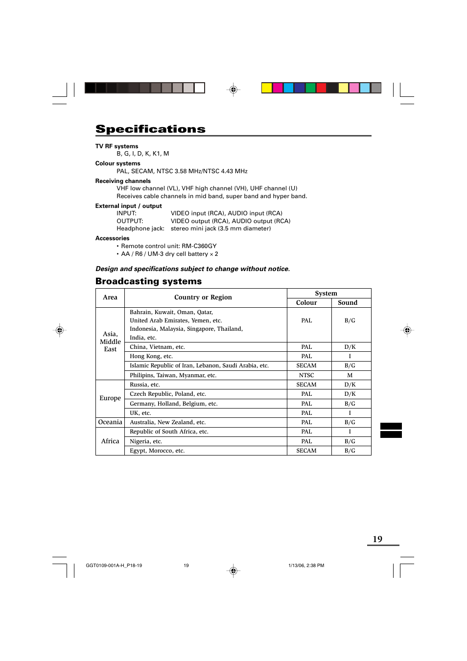 Specifications, Broadcasting systems | JVC AV-14AG16 User Manual | Page 19 / 20