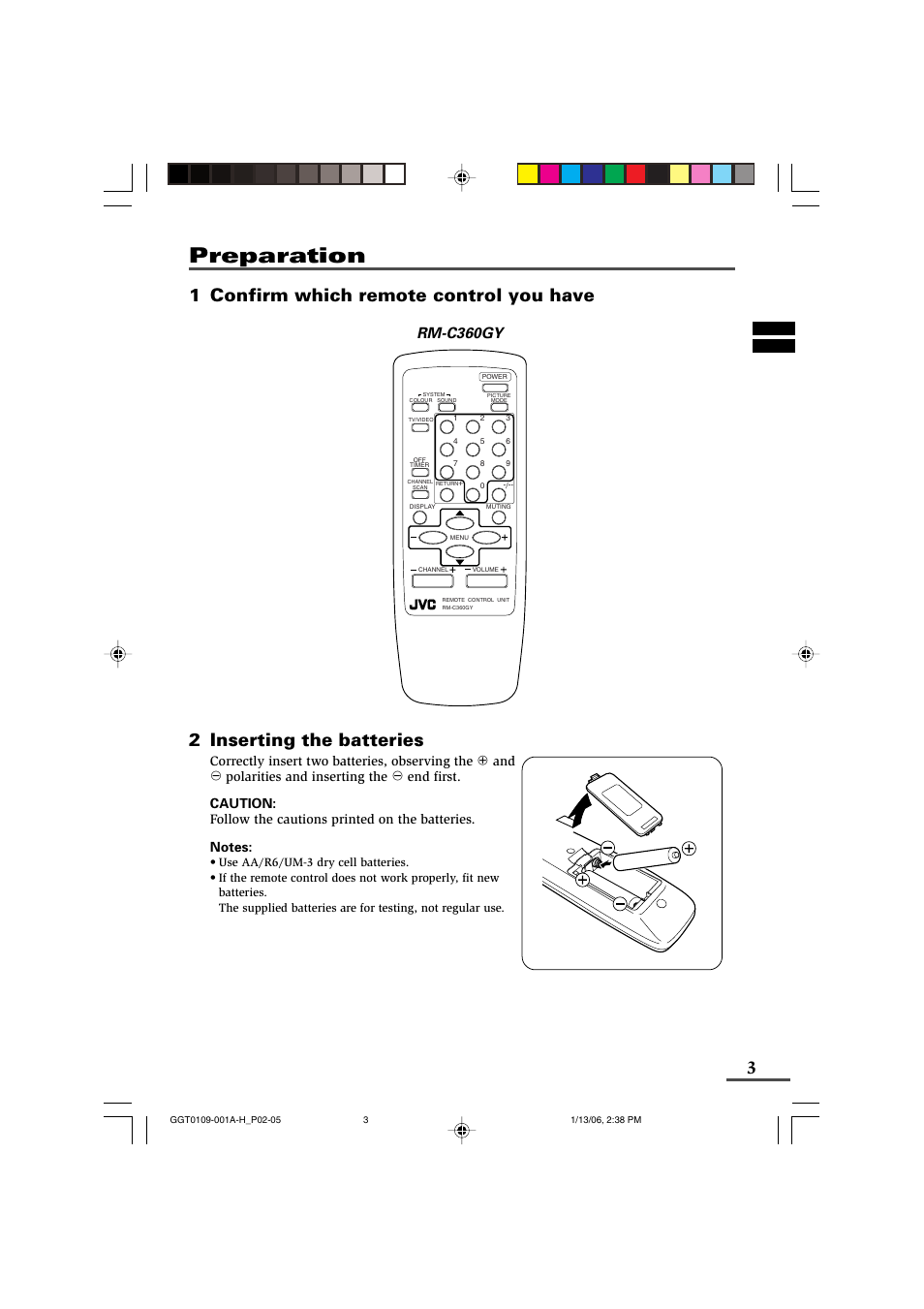 Preparation, 1 confirm which remote control you have, 2 inserting the batteries | Rm-c360gy | JVC AV-14AG16 User Manual | Page 3 / 20