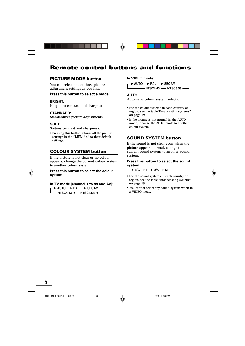 Remote control buttons and functions | JVC AV-14AG16 User Manual | Page 8 / 20