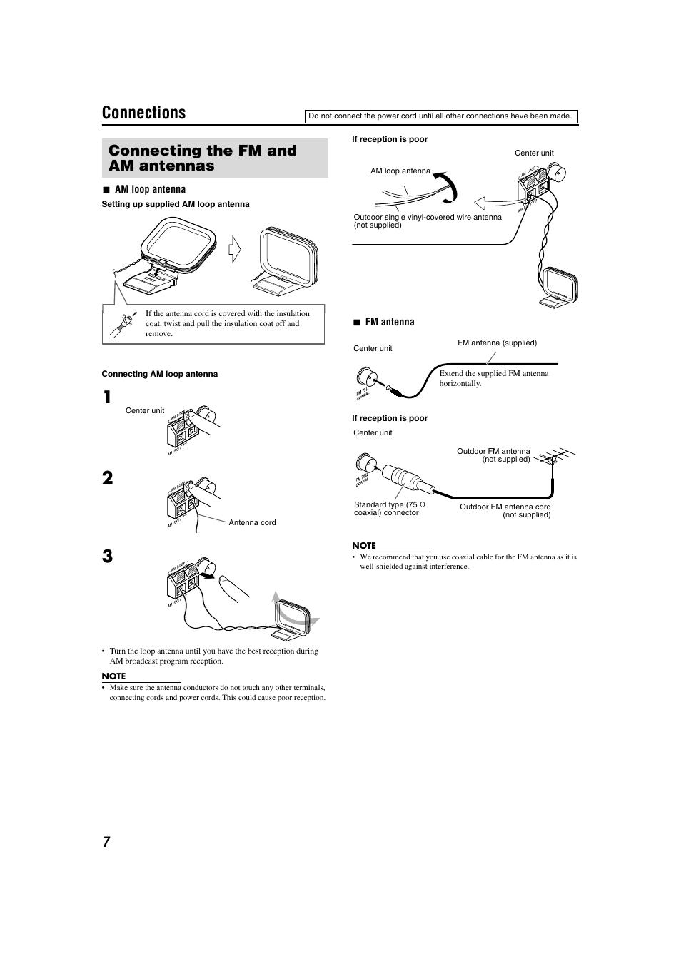 Connections, Antennas, Connecting the fm and am antennas | JVC TH-C3 User Manual | Page 10 / 59