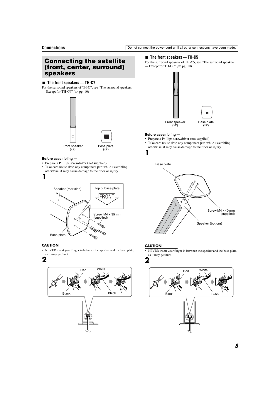 Speakers / stands, Speakers (connect to subwoofer), Front | JVC TH-C3 User Manual | Page 11 / 59