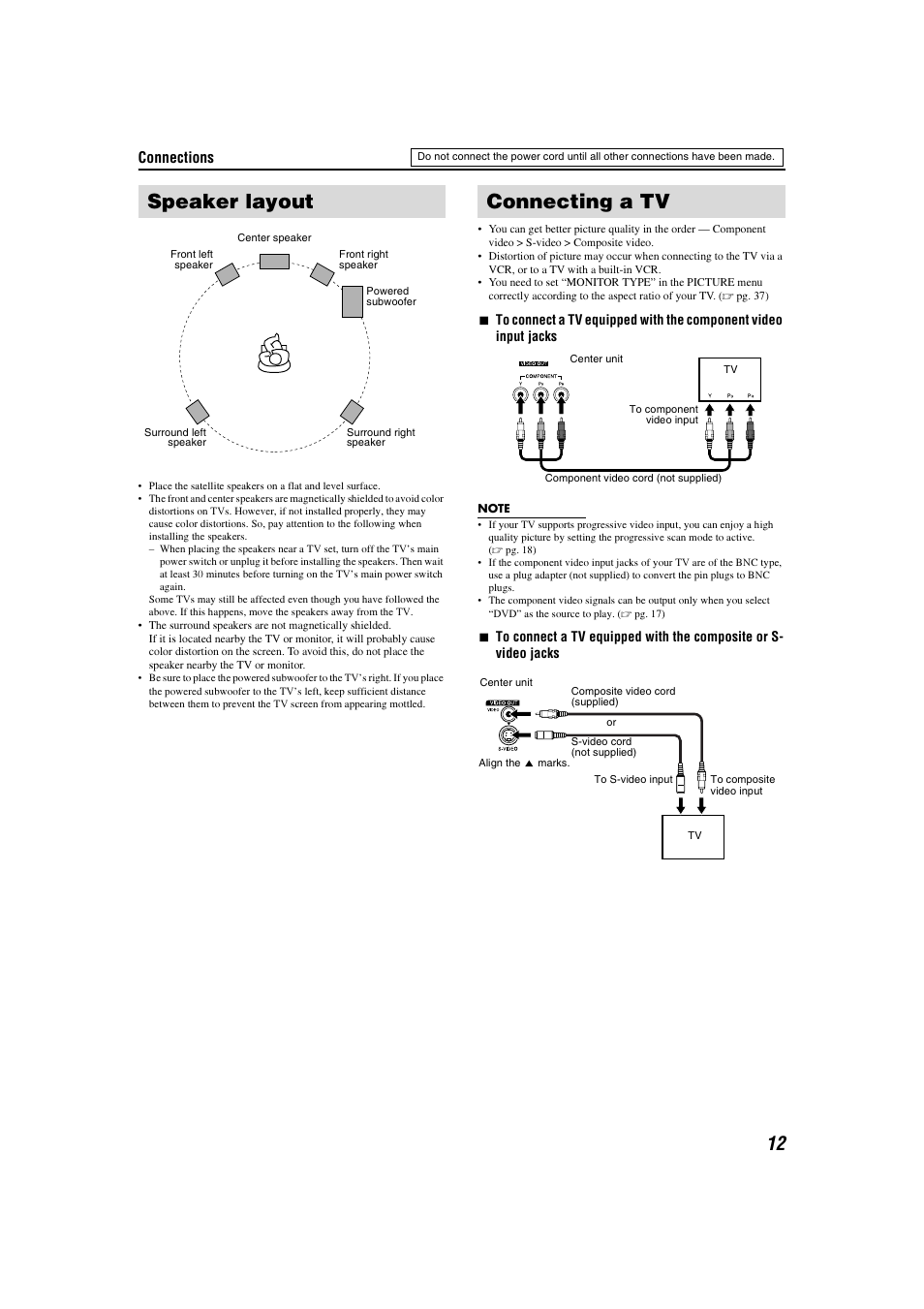 Speaker layout, Connecting a tv, Connections | JVC TH-C3 User Manual | Page 15 / 59