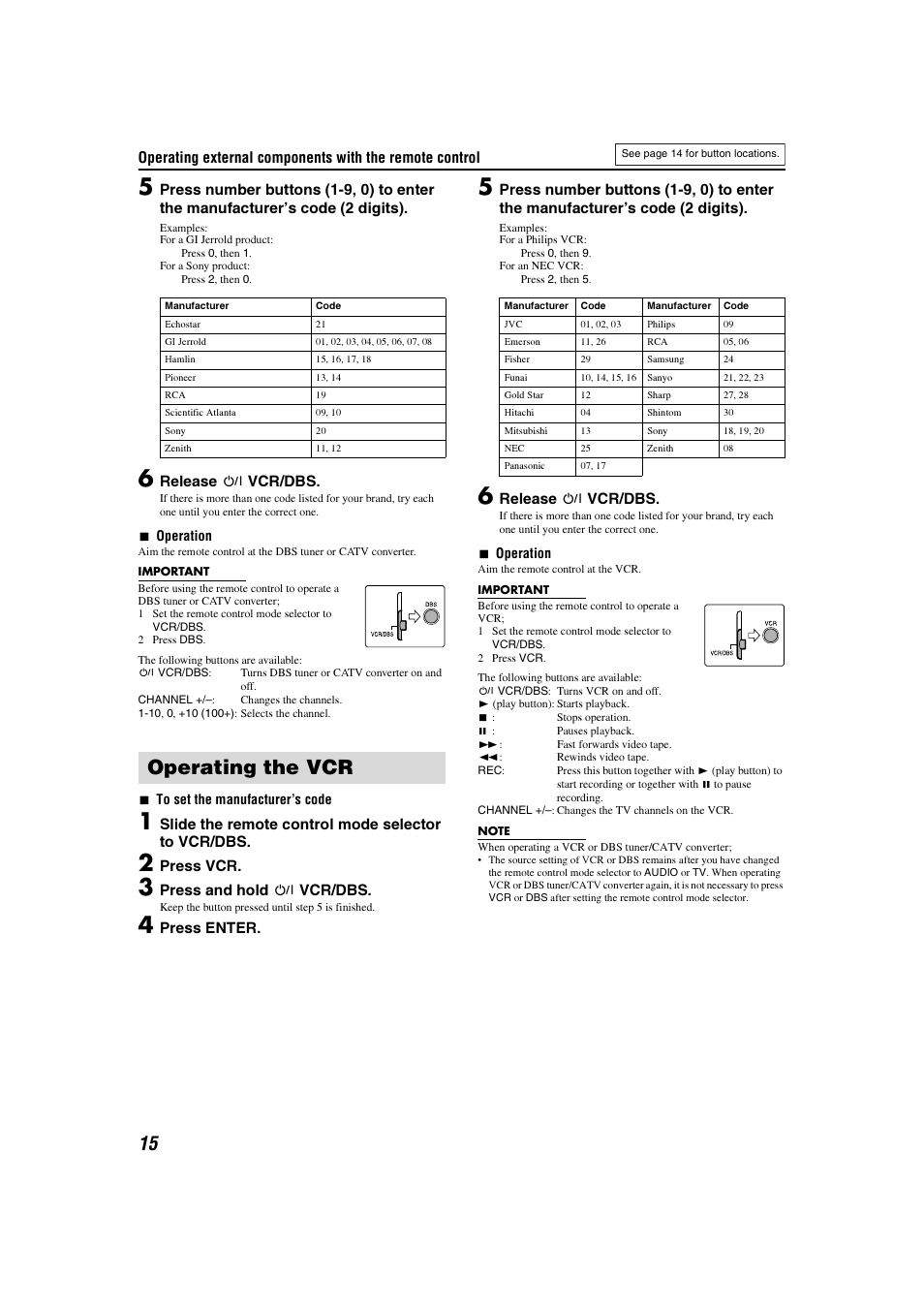 Cable / dbs codes, Vcr codes, Operating the vcr | JVC TH-C3 User Manual | Page 18 / 59