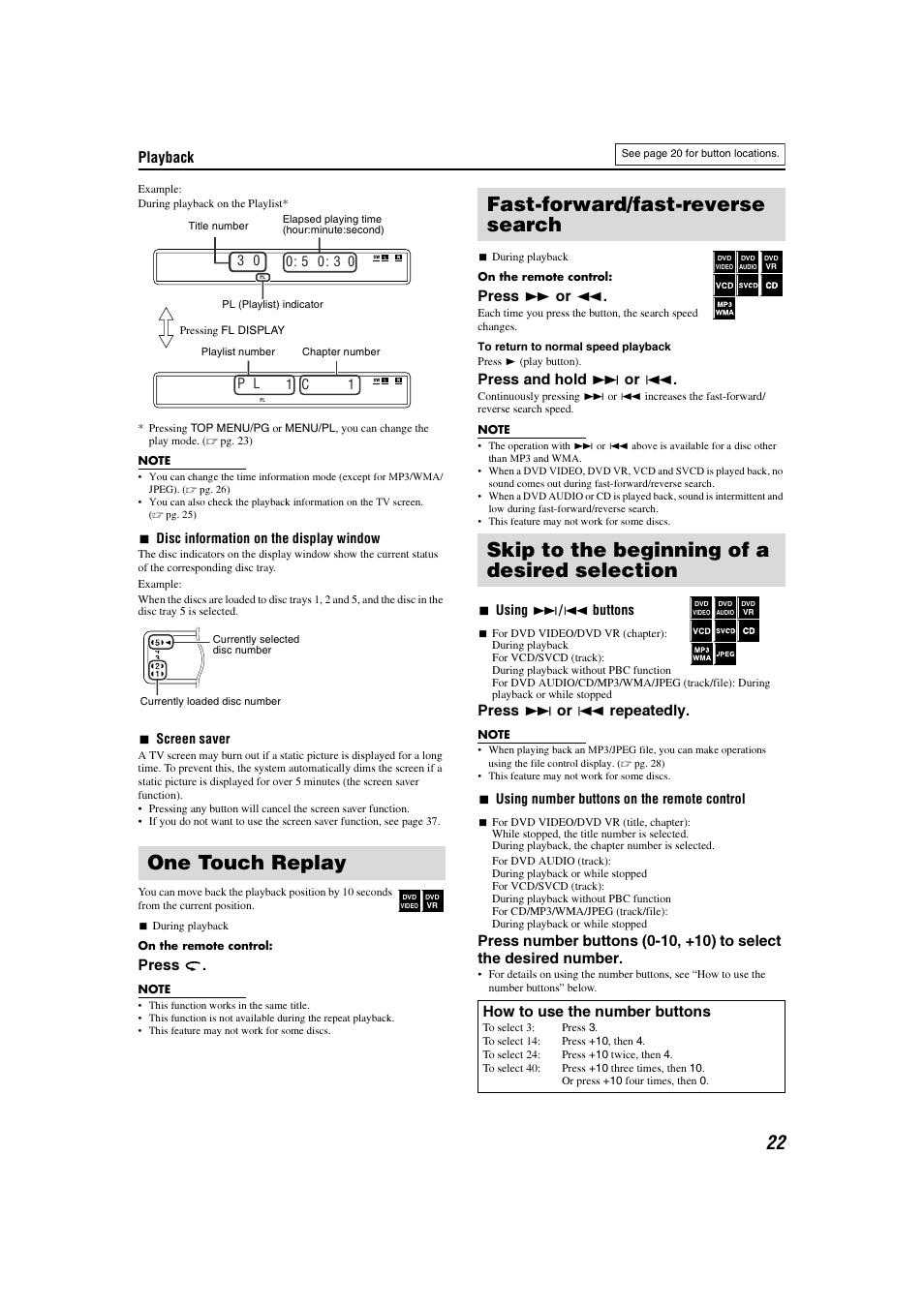 Fast forward / reverse, Track / chapter forward / back, One touch replay | Playback, Press, Press y or 1, Press and hold x or 4, Press x or 4 repeatedly, How to use the number buttons | JVC TH-C3 User Manual | Page 25 / 59