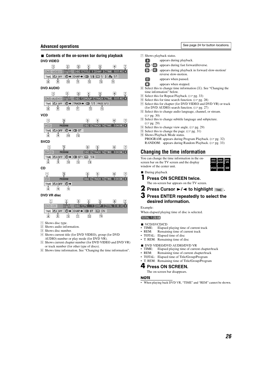 Changing the time information, Advanced operations, Press on screen twice | Press cursor 3/2 to highlight, Press on screen | JVC TH-C3 User Manual | Page 29 / 59