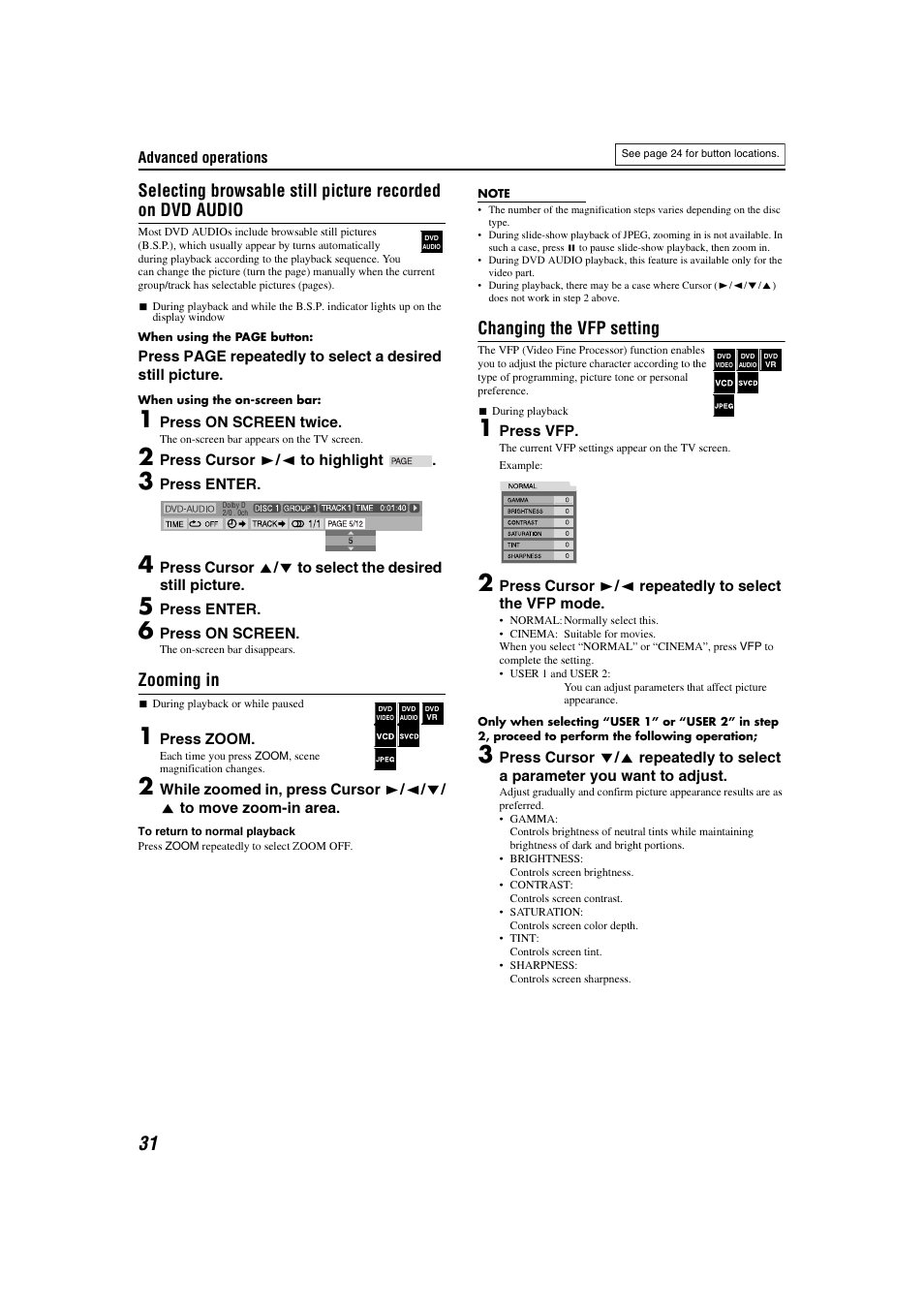 Zooming in, Changing the vfp setting | JVC TH-C3 User Manual | Page 34 / 59