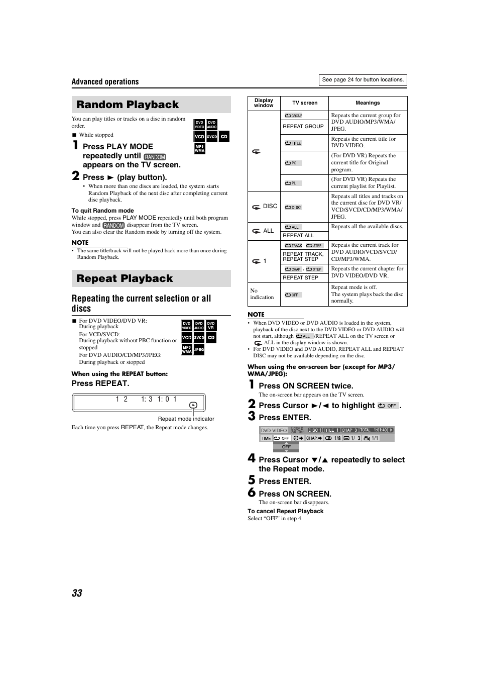 Random playback, Repeat playback, Random playback repeat playback | Repeating the current selection or all discs | JVC TH-C3 User Manual | Page 36 / 59