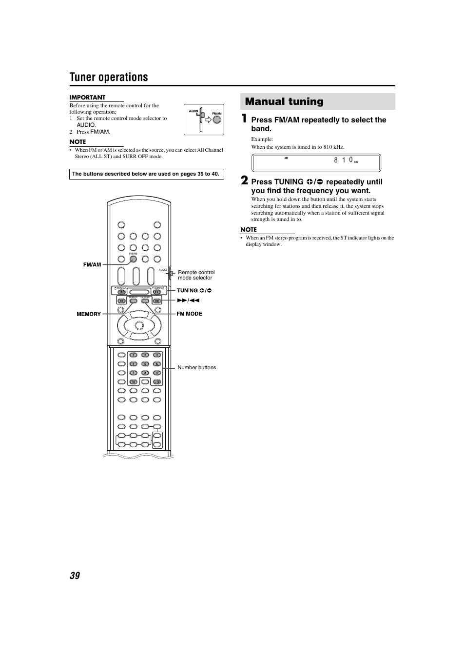 Tuner operation, Band select, Manual tuning | Tuner operations, Press fm/am repeatedly to select the band | JVC TH-C3 User Manual | Page 42 / 59