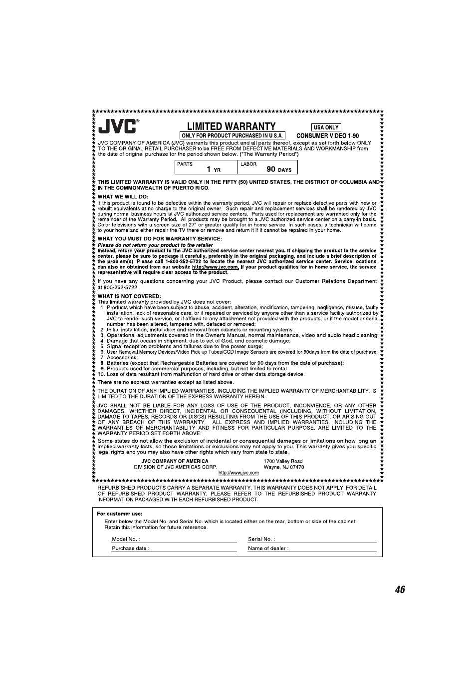 Warranty | JVC TH-C3 User Manual | Page 49 / 59