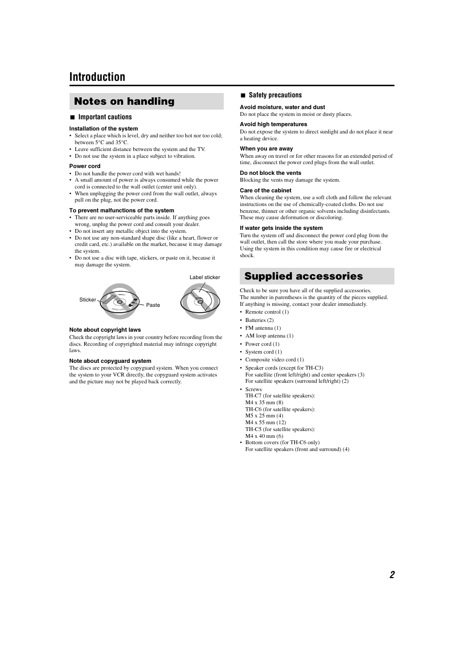 Supplied accessories, Introduction | JVC TH-C3 User Manual | Page 5 / 59
