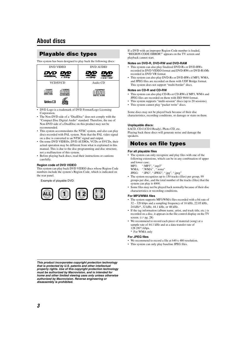 Disc / format compatibility, About discs, Playable disc types | JVC TH-C3 User Manual | Page 6 / 59