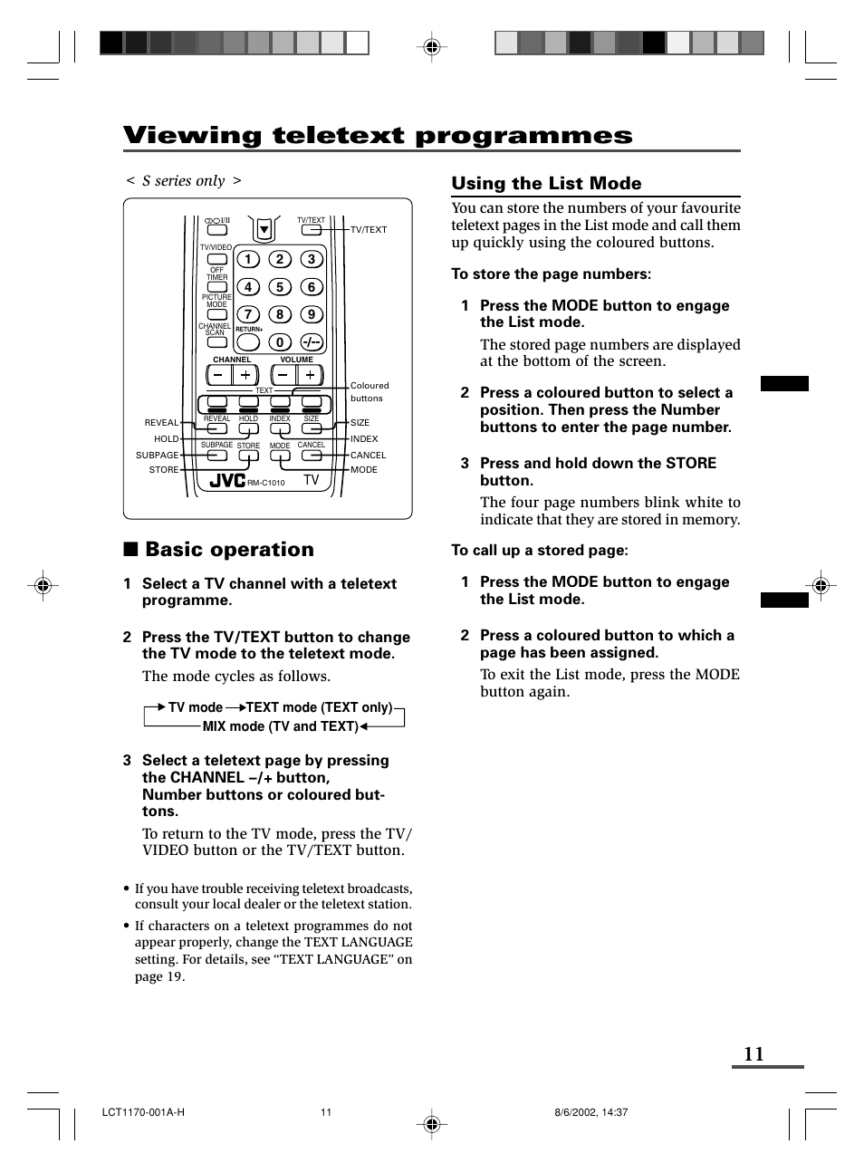 Viewing teletext programmes, Basic operation, Using the list mode | S series only | JVC AV-21WX3 User Manual | Page 11 / 112
