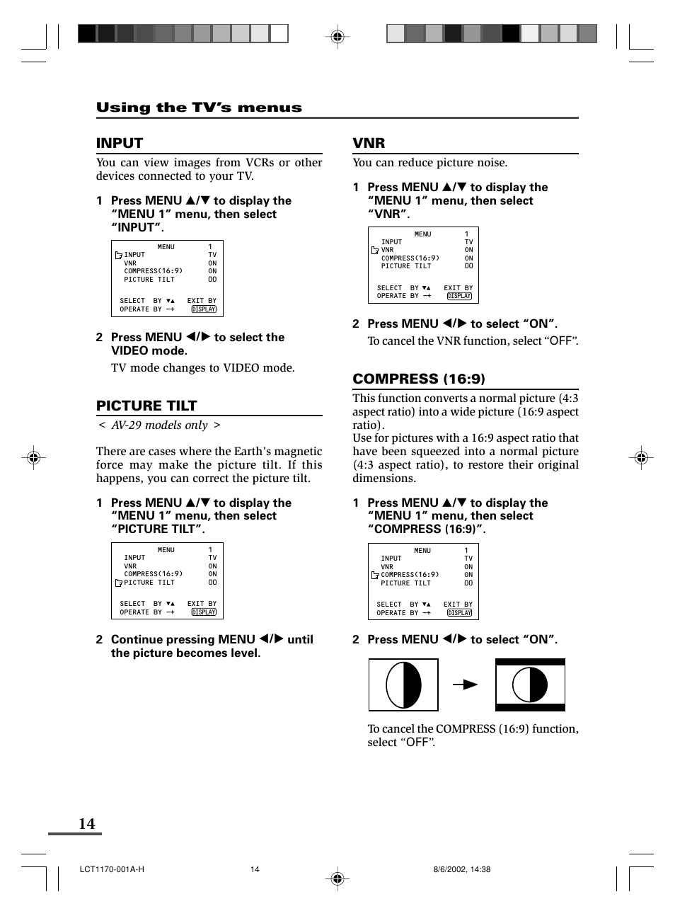 Input, Picture tilt, Compress (16:9) | Using the tv’s menus | JVC AV-21WX3 User Manual | Page 14 / 112