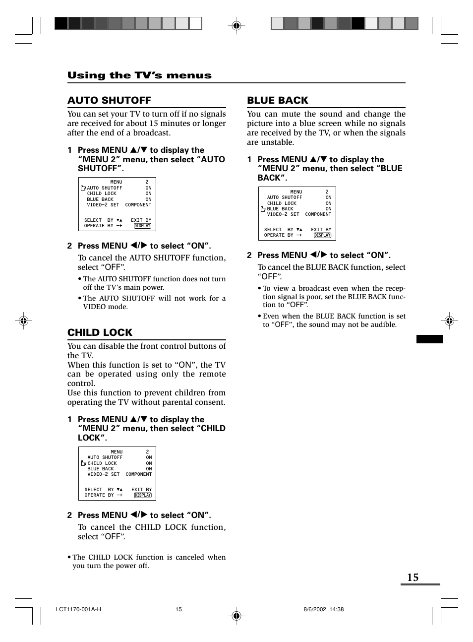 Auto shutoff, Child lock, Blue back | Using the tv’s menus | JVC AV-21WX3 User Manual | Page 15 / 112