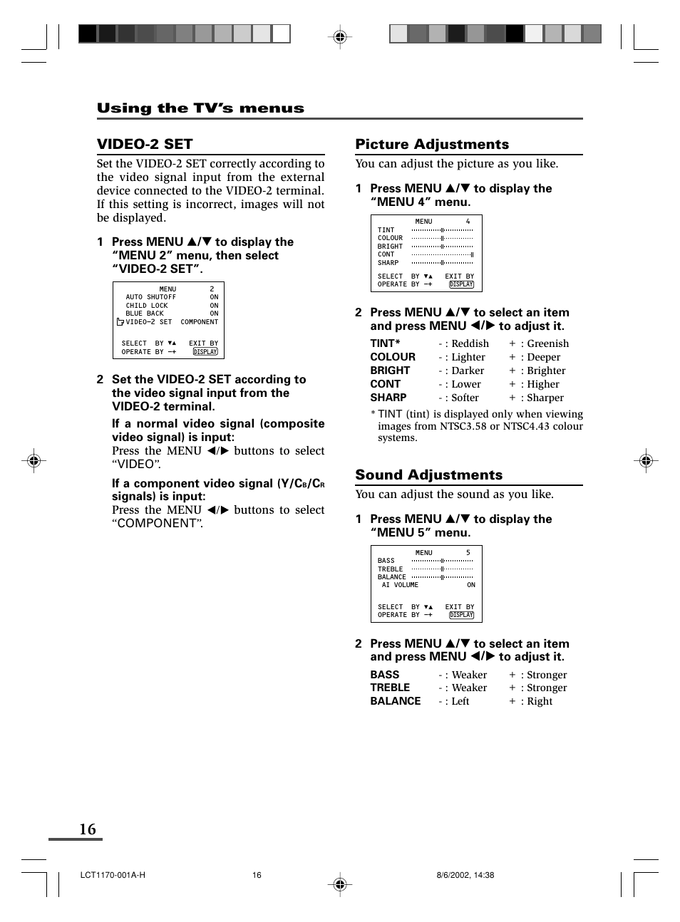 Video-2 set, Picture adjustments, Sound adjustments | Using the tv’s menus | JVC AV-21WX3 User Manual | Page 16 / 112