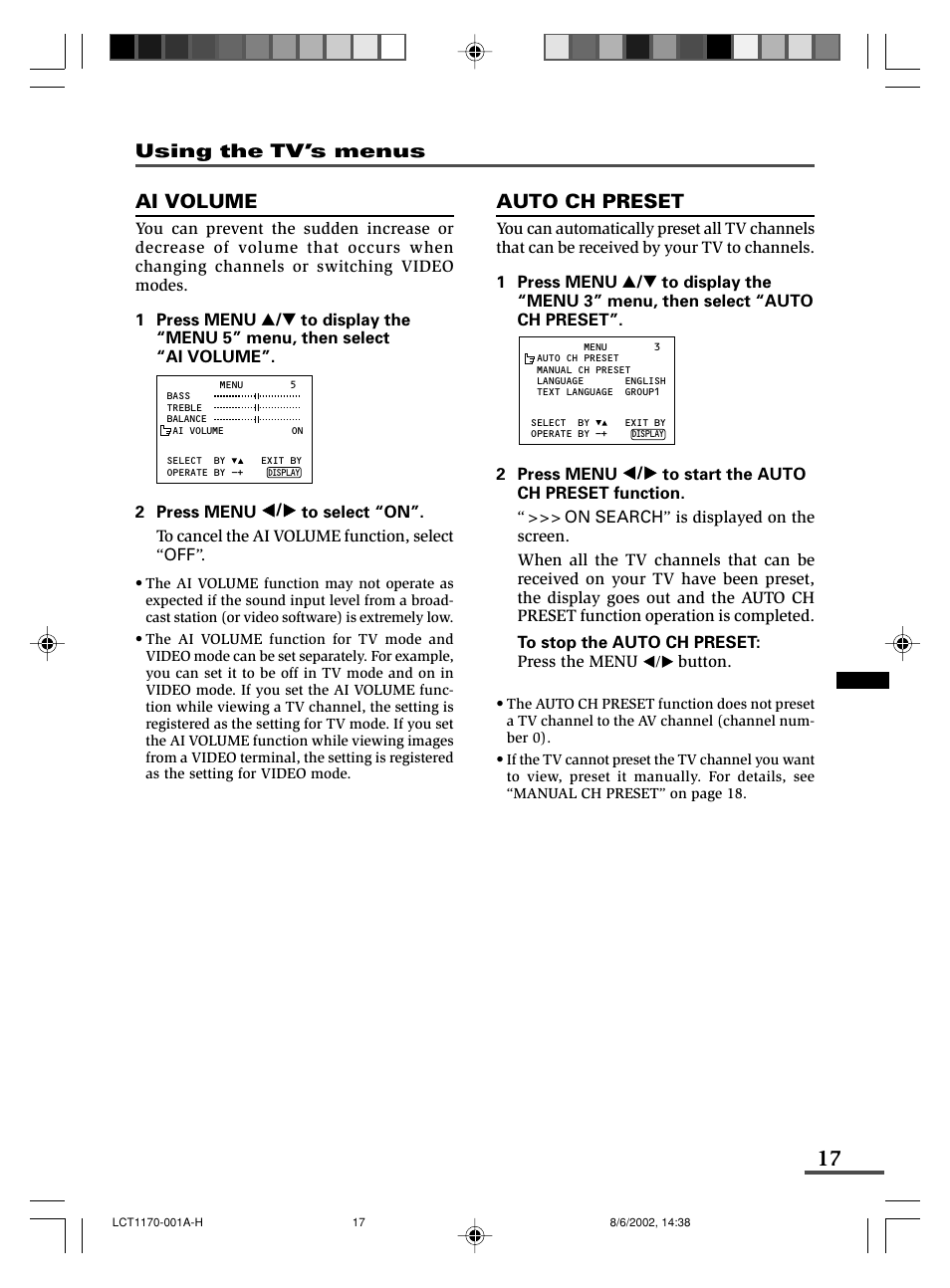 Ai volume, Auto ch preset, Using the tv’s menus | JVC AV-21WX3 User Manual | Page 17 / 112