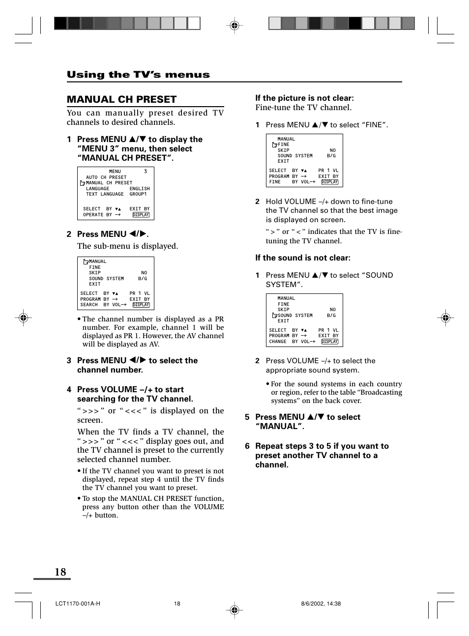 Manual ch preset, Using the tv’s menus | JVC AV-21WX3 User Manual | Page 18 / 112