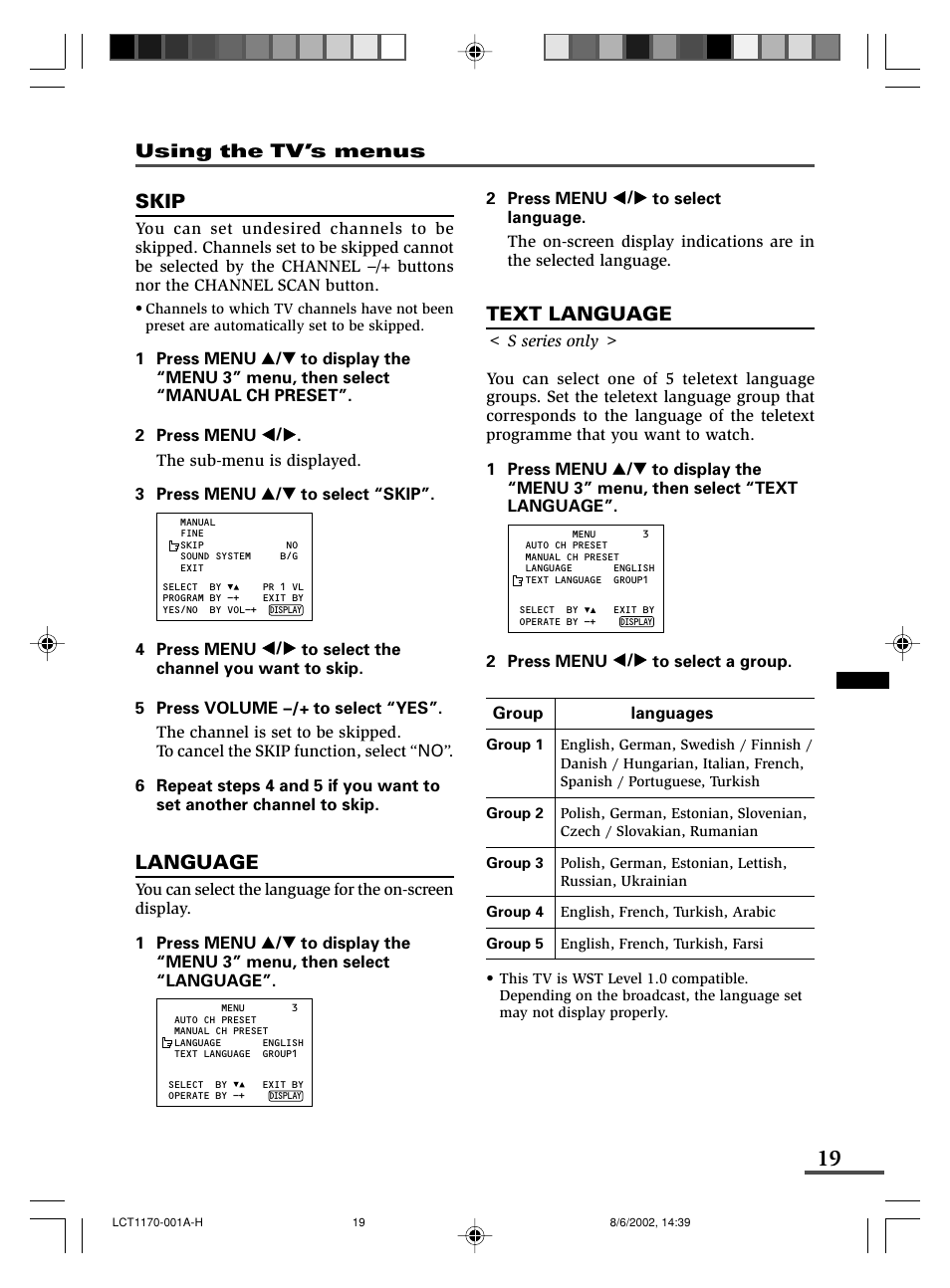 Skip, Language, Text language | Using the tv’s menus | JVC AV-21WX3 User Manual | Page 19 / 112