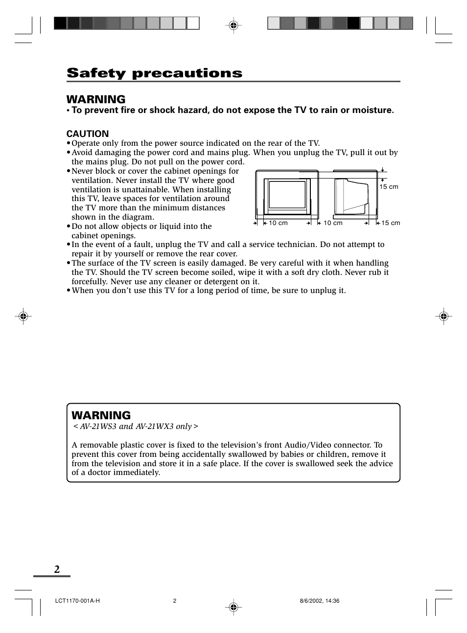 Safety precautions, Warning | JVC AV-21WX3 User Manual | Page 2 / 112