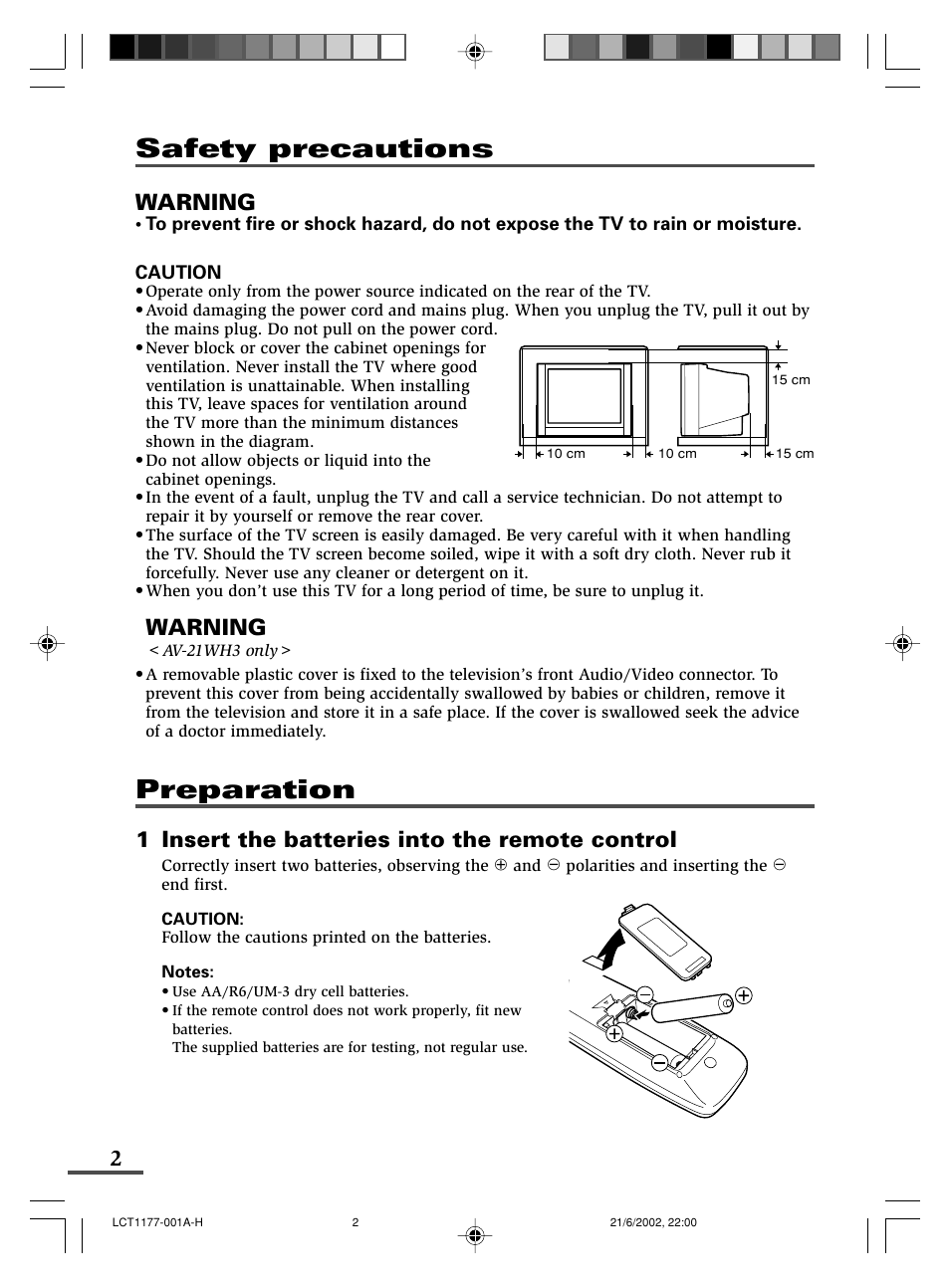 Preparation, Safety precautions, Warning | 1 insert the batteries into the remote control | JVC AV-21WX3 User Manual | Page 26 / 112