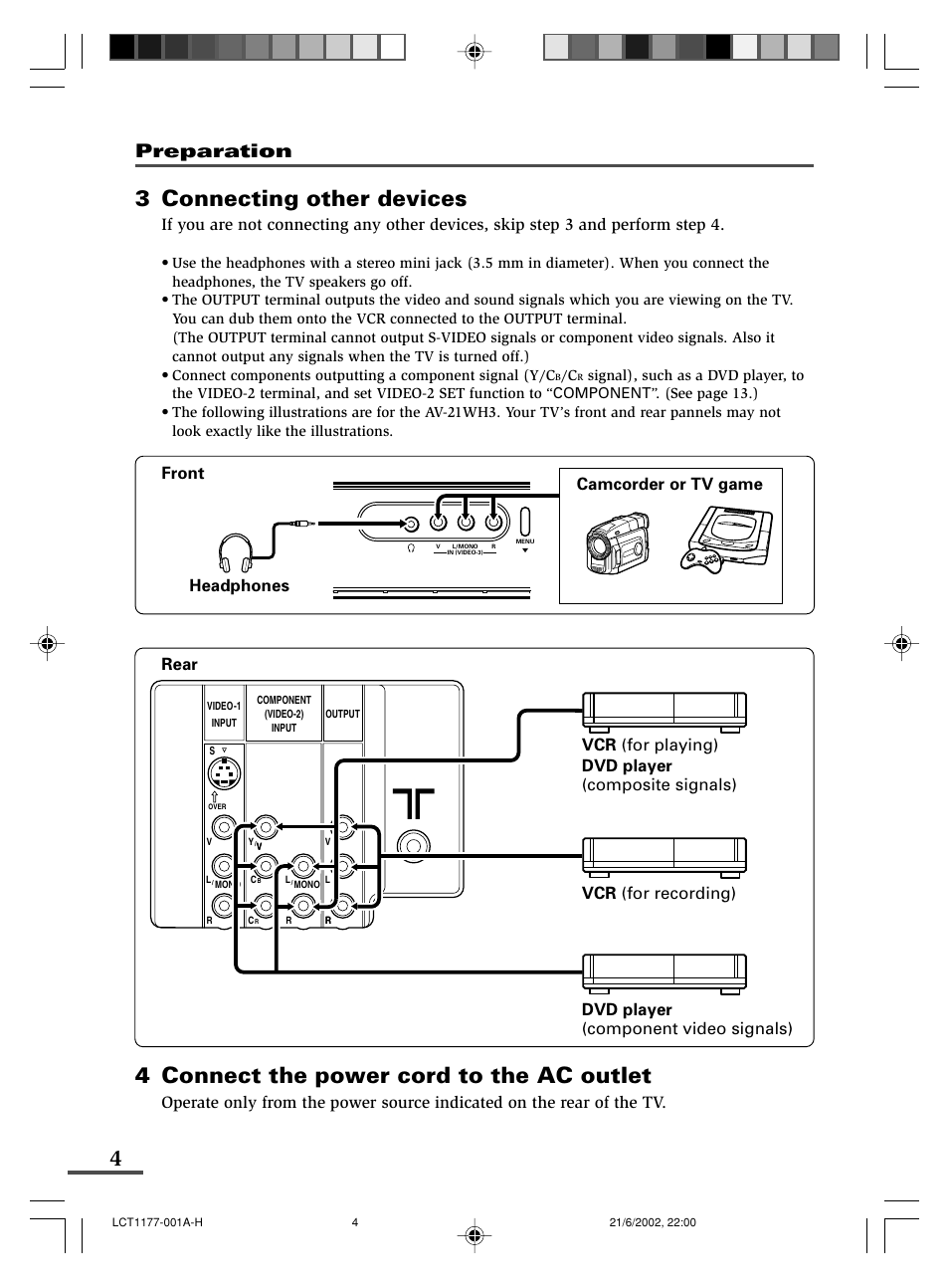 3 connecting other devices, 4 connect the power cord to the ac outlet, Preparation | Headphones camcorder or tv game | JVC AV-21WX3 User Manual | Page 28 / 112