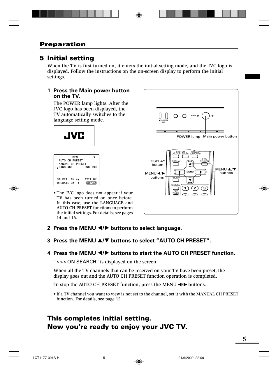 5 initial setting, Preparation, 1 press the main power button on the tv | Buttons | JVC AV-21WX3 User Manual | Page 29 / 112