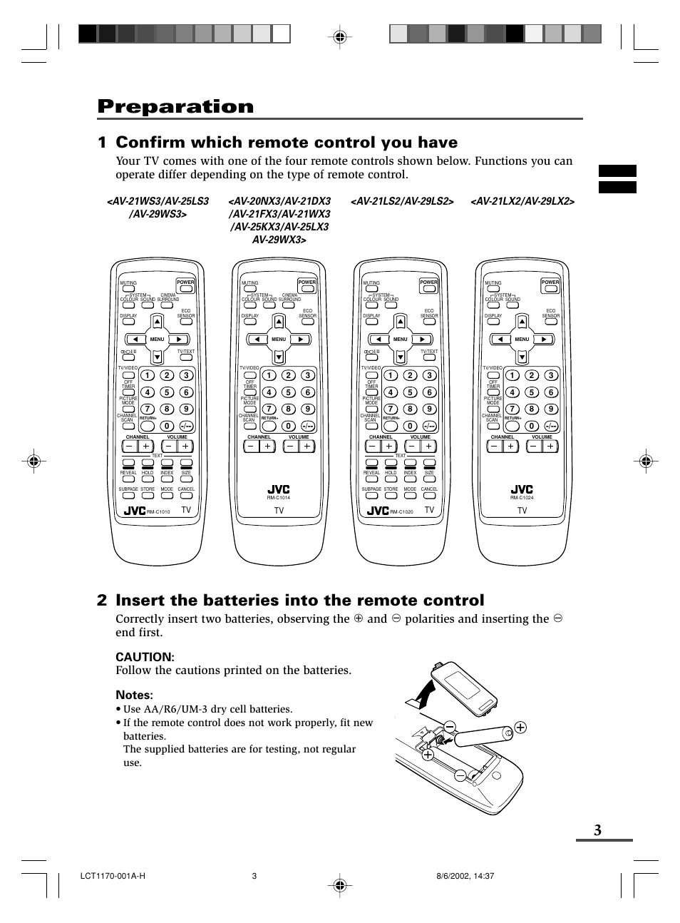 Preparation, 1 confirm which remote control you have, 2 insert the batteries into the remote control | JVC AV-21WX3 User Manual | Page 3 / 112