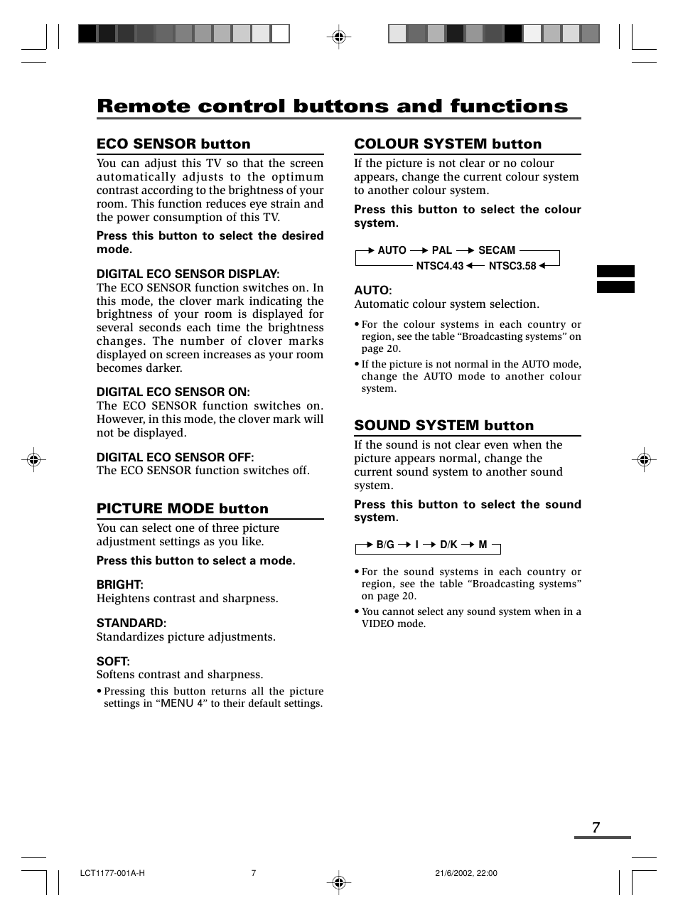 Remote control buttons and functions, Eco sensor button, Picture mode button | Colour system button, Sound system button | JVC AV-21WX3 User Manual | Page 31 / 112