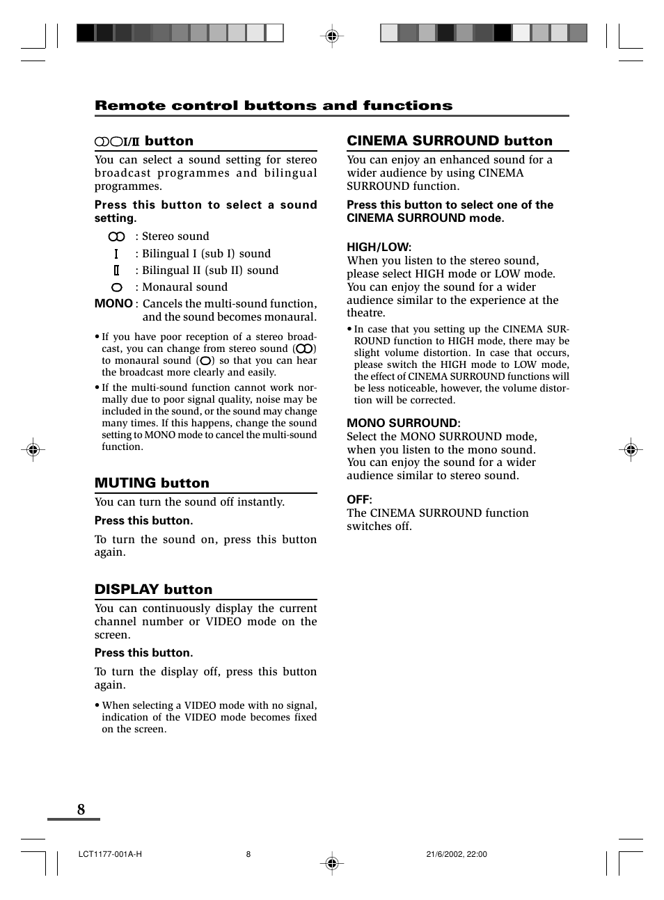 Button, Muting button, Display button | Cinema surround button | JVC AV-21WX3 User Manual | Page 32 / 112