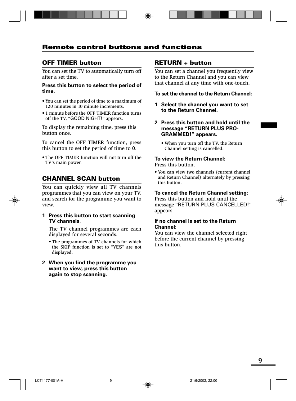 Off timer button, Channel scan button, Return + button | Remote control buttons and functions | JVC AV-21WX3 User Manual | Page 33 / 112