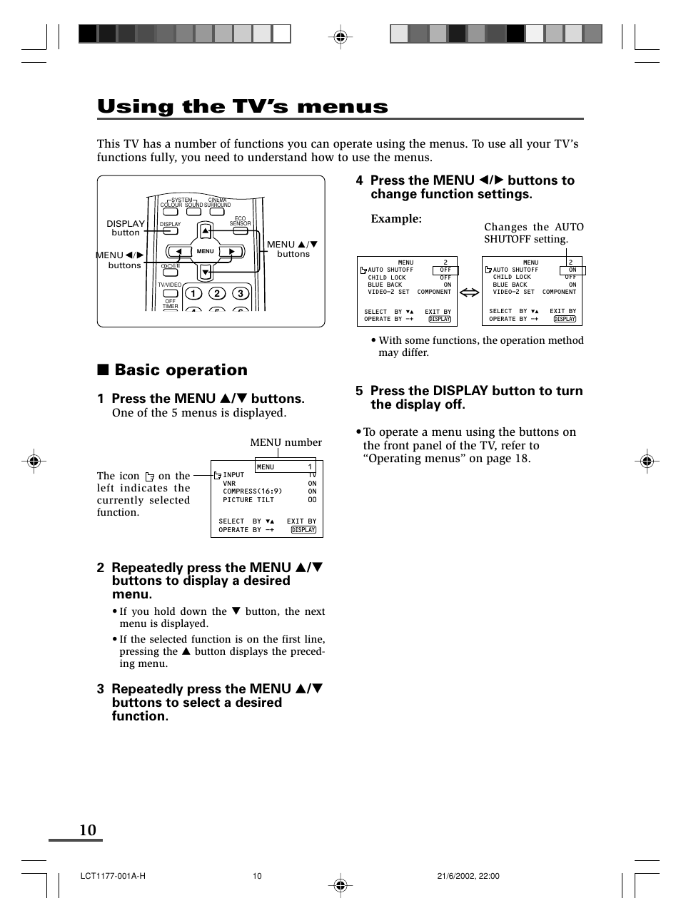 Using the tv’s menus, Basic operation, 1 press the menu t buttons | Buttons to change function settings, 5 press the display button to turn the display off, One of the 5 menus is displayed, Example | JVC AV-21WX3 User Manual | Page 34 / 112