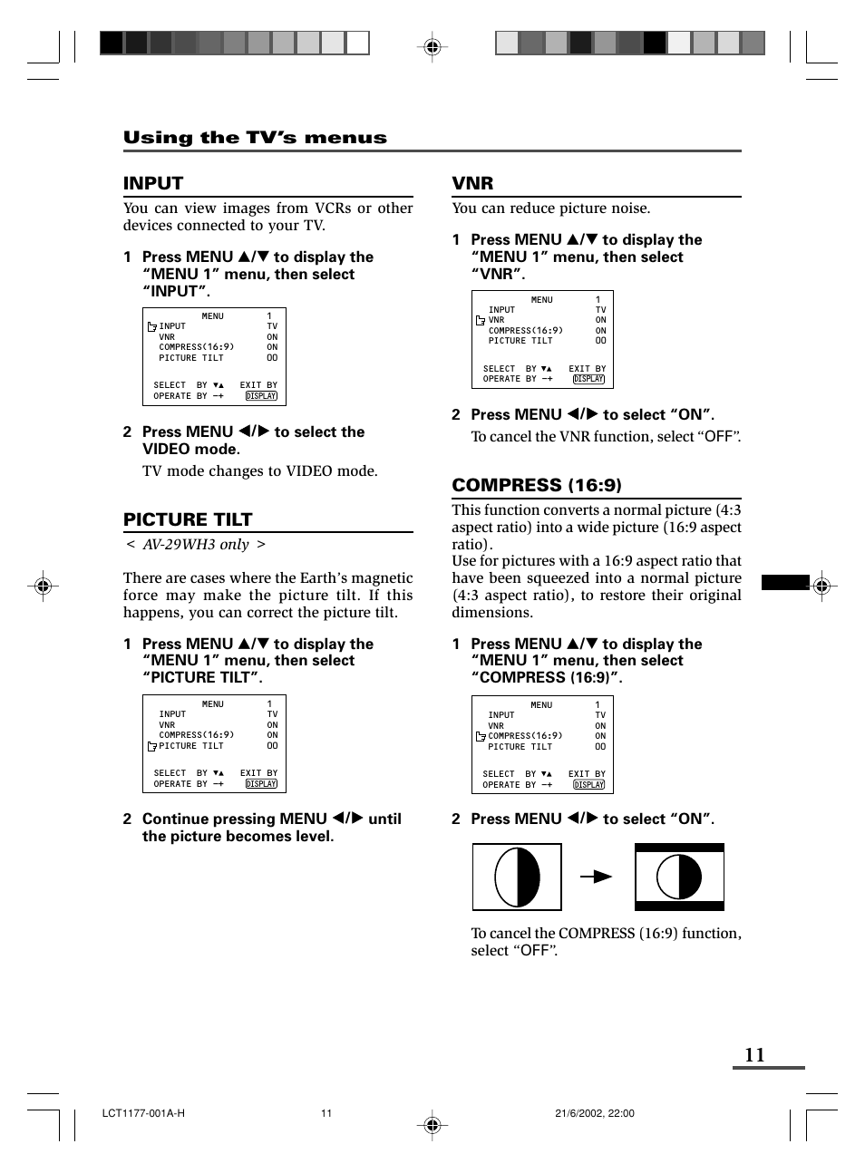 Input, Picture tilt, Compress (16:9) | Using the tv’s menus | JVC AV-21WX3 User Manual | Page 35 / 112