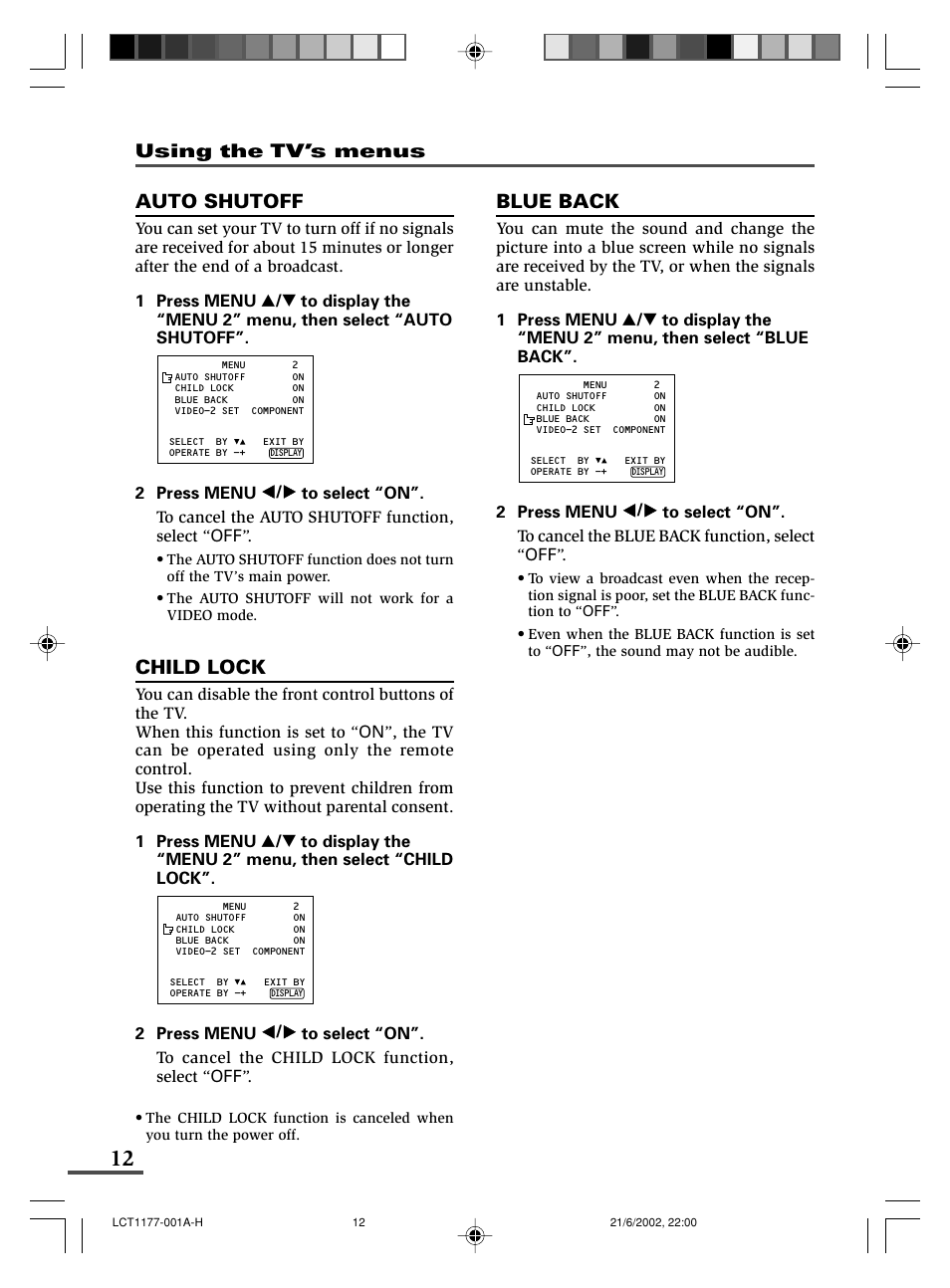 Auto shutoff, Child lock, Blue back | Using the tv’s menus | JVC AV-21WX3 User Manual | Page 36 / 112