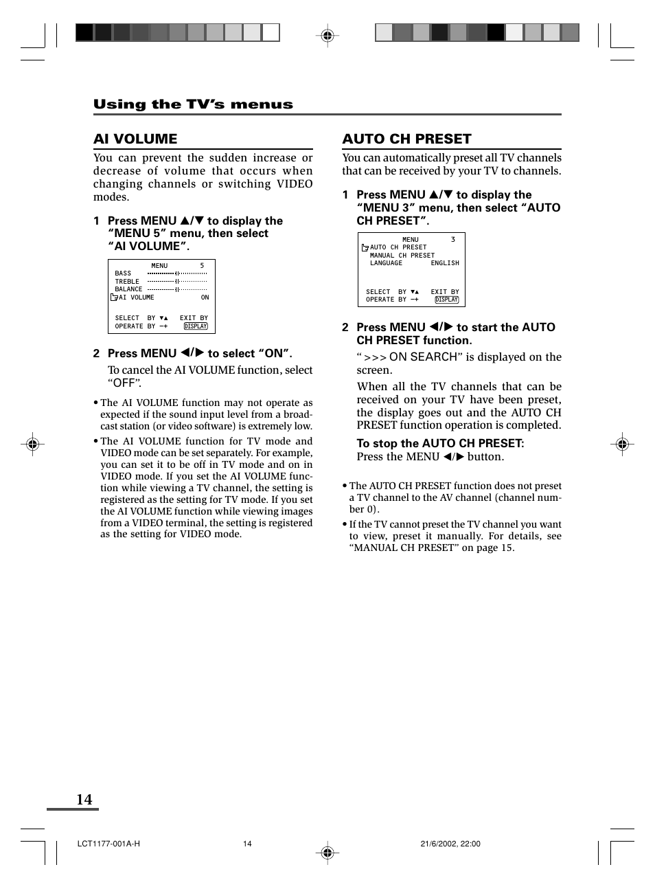 Ai volume, Auto ch preset, Using the tv’s menus | JVC AV-21WX3 User Manual | Page 38 / 112