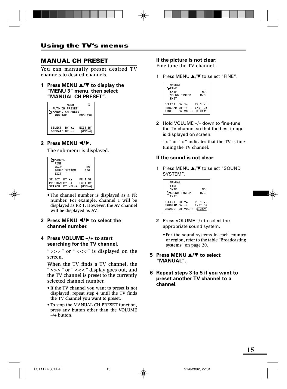 Manual ch preset, Using the tv’s menus | JVC AV-21WX3 User Manual | Page 39 / 112