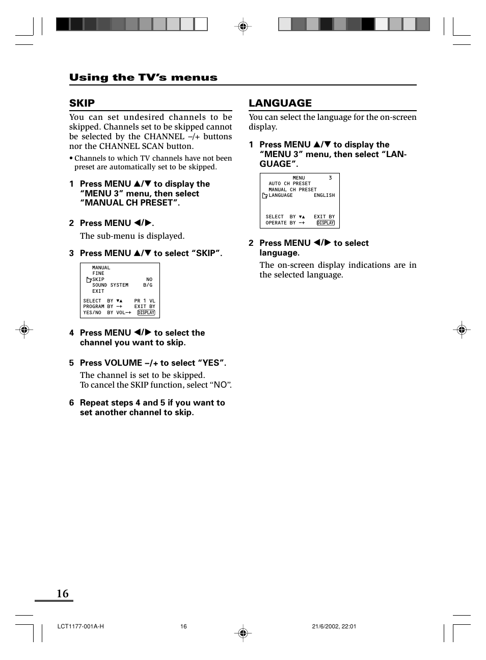 Skip, Language, Using the tv’s menus | JVC AV-21WX3 User Manual | Page 40 / 112