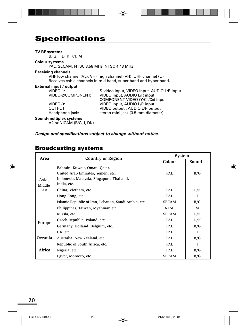 Specifications, Broadcasting systems | JVC AV-21WX3 User Manual | Page 44 / 112