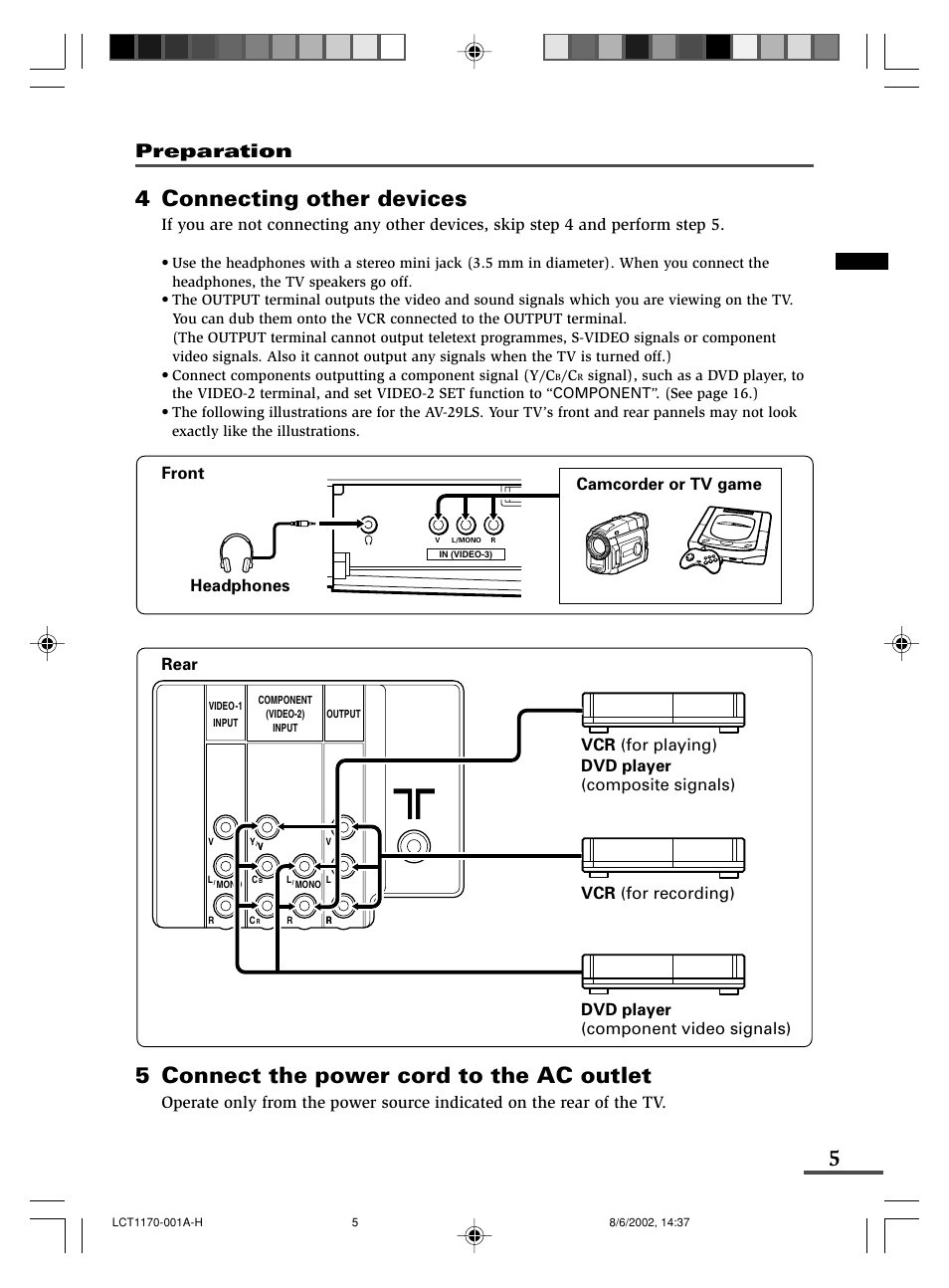 4 connecting other devices, 5 connect the power cord to the ac outlet, Preparation | Headphones camcorder or tv game | JVC AV-21WX3 User Manual | Page 5 / 112