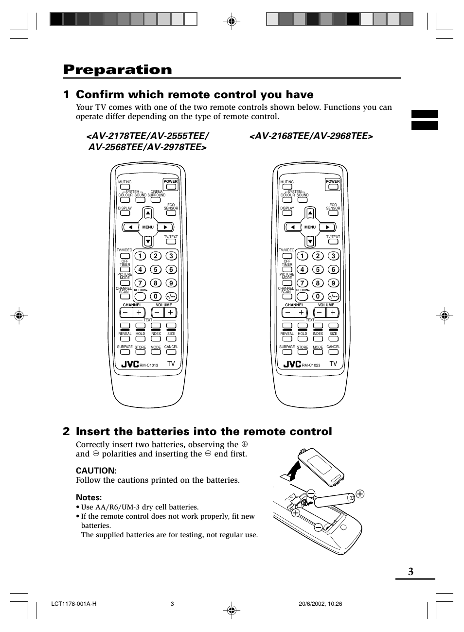 Preparation, 1 confirm which remote control you have, 2 insert the batteries into the remote control | JVC AV-21WX3 User Manual | Page 67 / 112